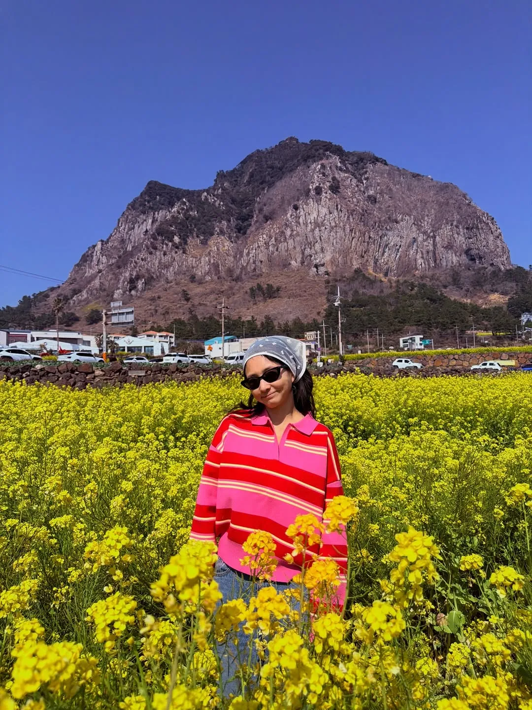 Jin Jae-young exibe sorriso radiante na primavera florida de Jeju