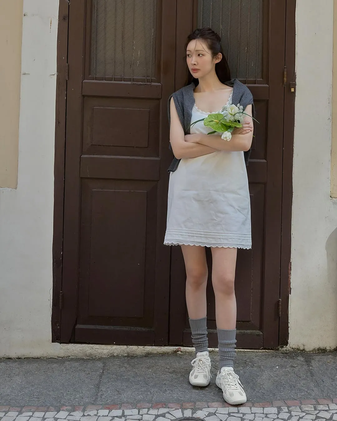 斐乐, 春日造型, 白色连衣裙, 缎面运动鞋, GLIO