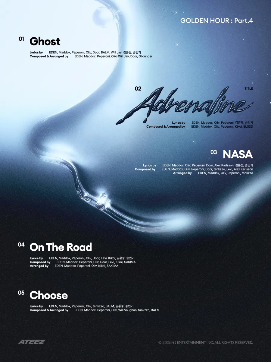 ATEEZ, Tracklist, Golden Hour, Adrenaline, GOLDEN HOUR : Part.4, 13th mini album, Mingi, Hongjoong, Lyric writing