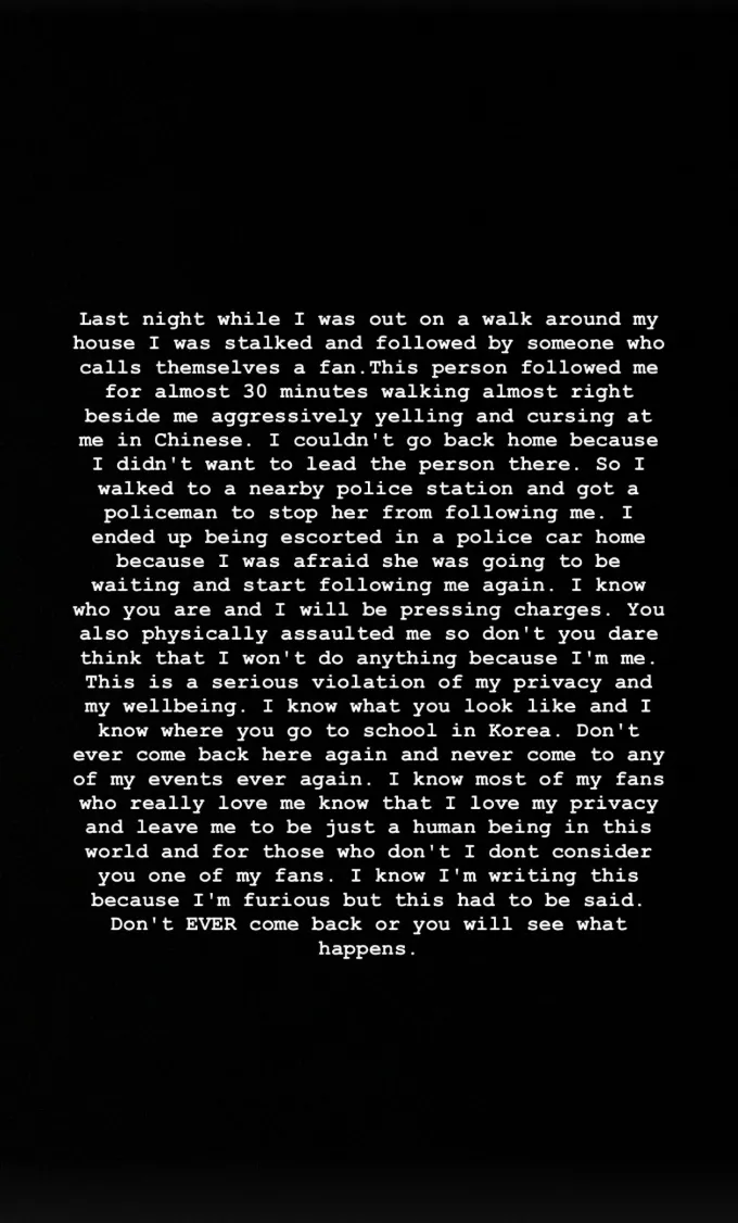 Nichkhun, 2PM, sasaeng fan, harassment, warning, speaks out